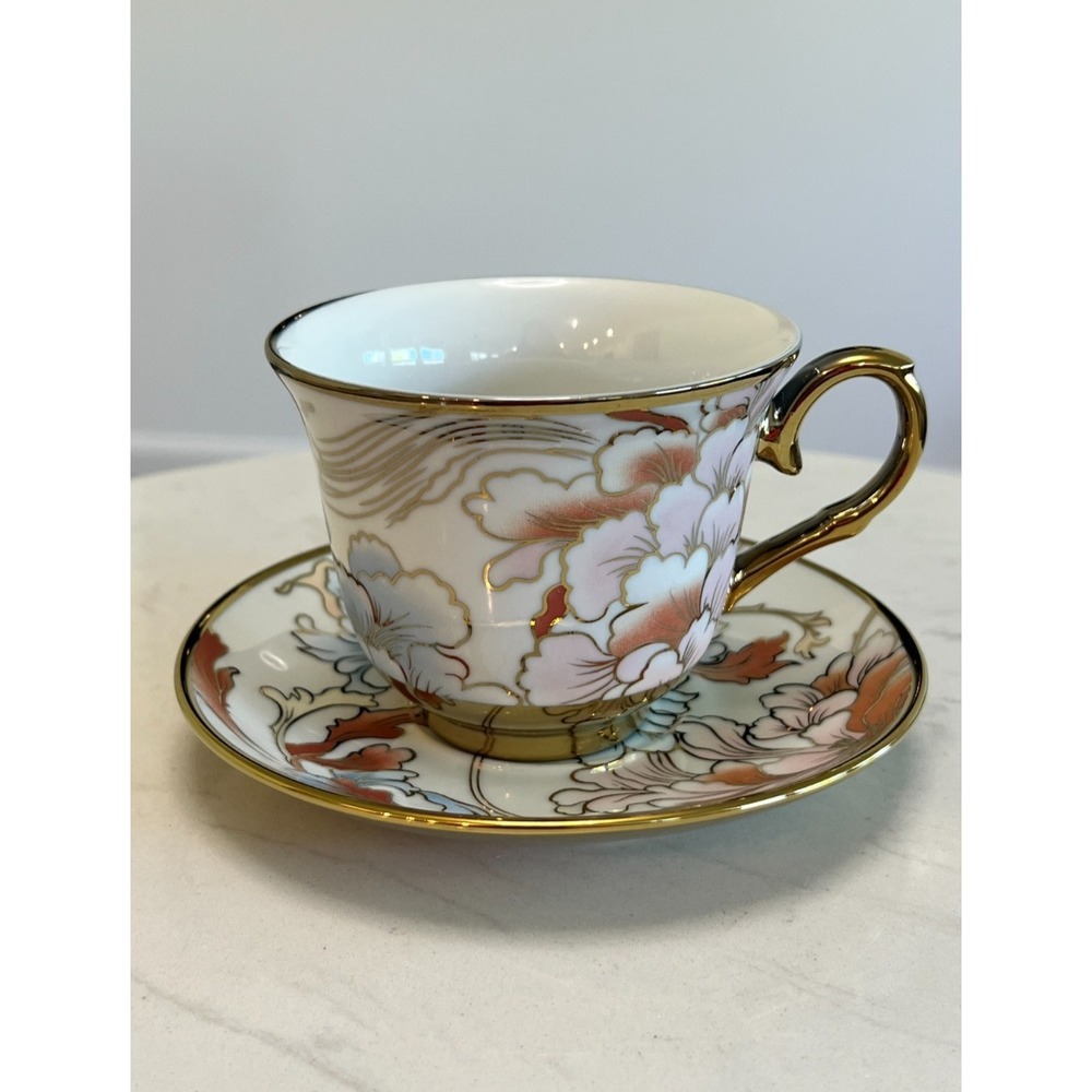 Gold Rim Peony Floral Teacup Saucer Spoon Set Fine Porcelain Cottagecore Party - Picture 3 of 14